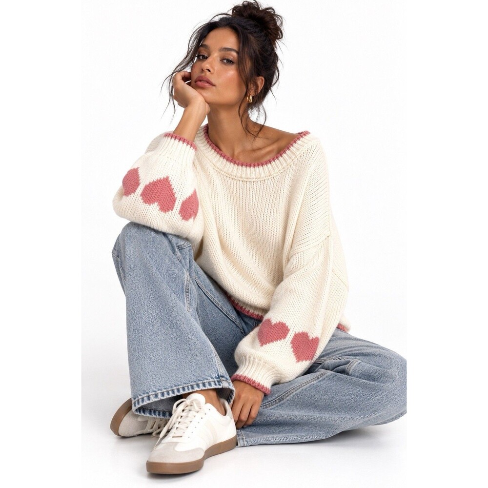 Hippie Rose Pink Heart Sleeve Oversized Pullover Sweater Cream Medium NWT